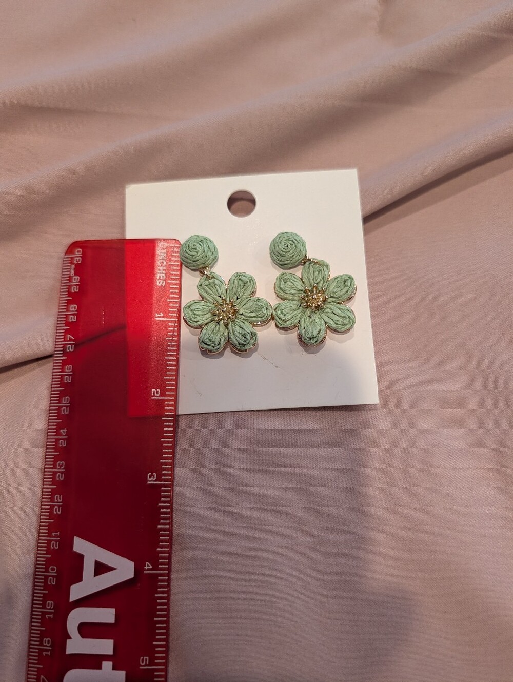 NEW Mint Green Raffia Flower Earrings • Gold Accents • Boho Floral Earrings